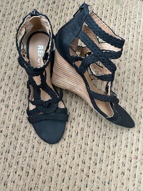 Report Black Braided Strappy Wedge Sandals with Tan Wood-Effect Heel